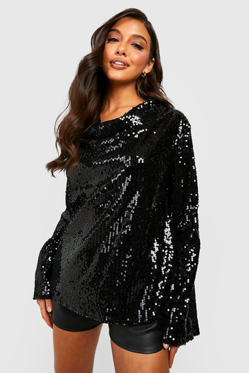 Blus Med Paljetter Och Utsvängd Ärm, Black