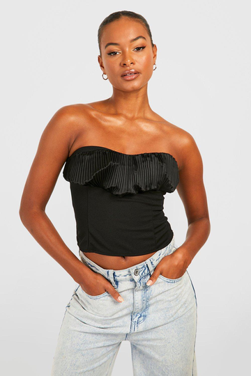 Tall - Korsett-Topp I Satin Med Kontrastdetaljer, Black