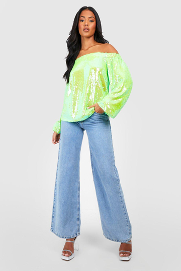Tall Off Shoulder-Topp Med Paljetter, Green