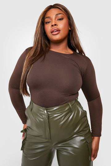 Plus - Ribbad Body Med Rund Hals, Brown