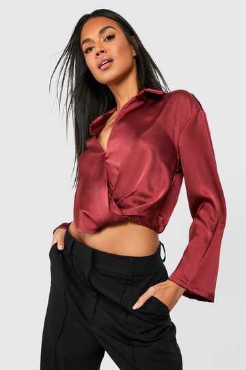 Draperad Skjorta I Satin, Brown