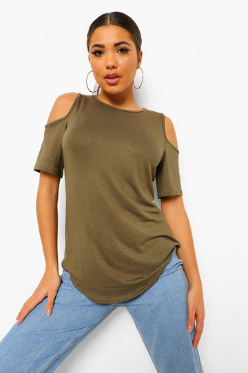 Basic T-Shirt Med Rundad Fåll Och Bara Axlar, Green