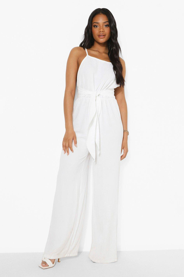 Petite - Romper I Linneimitation Med Knytdetalj, White