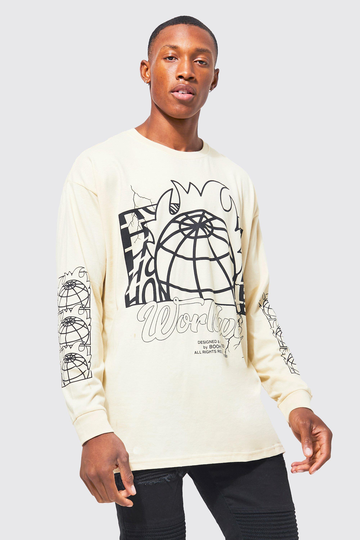 Oversize Långärmad T-Shirt Med Tryck, Beige