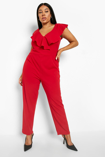 Plus - Jumpsuit Med Volanger Och V-Ringning, Red