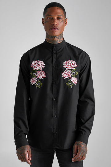 Oversized Skjorta Med Broderade Blommor, Black