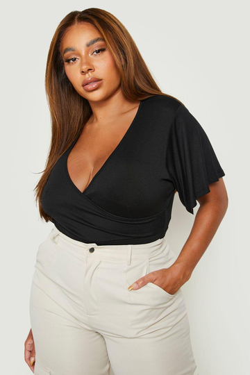 Plus - Kortärmad Body I Omlottmodell, Black