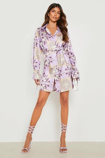Mönstrad Skjortklänning I Satin Med Knytdetaljer, Purple