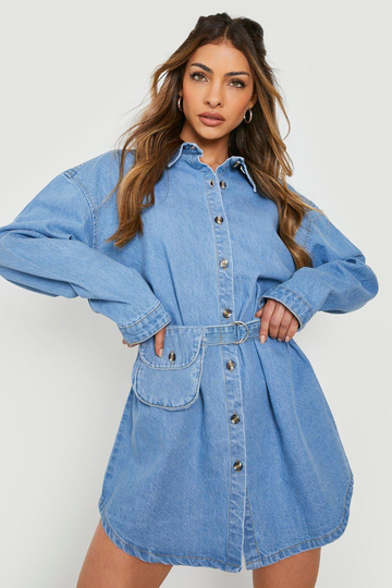 Skjortklänning I Denim Med Bälte, Blue