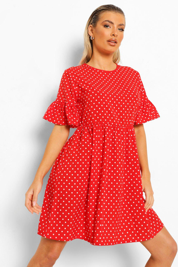 Prickig Klänning Med Volanger, Red