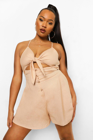 Plus - Romper I Linnetyg Med Knytdetalj, Beige