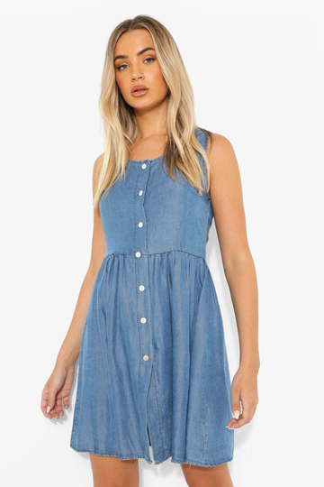 Miniklänning I Denim Med Knappar, Blue