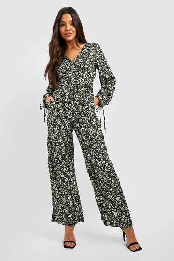 Blommig Långärmad Jumpsuit Med Knytdetalj, Black