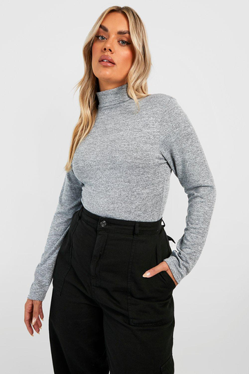 Plus Melerad Stickad Body Med Polokrage, Grey