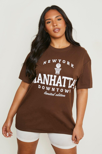 Plus - Manhattan Oversize T-Shirt Med Slogan, Brown