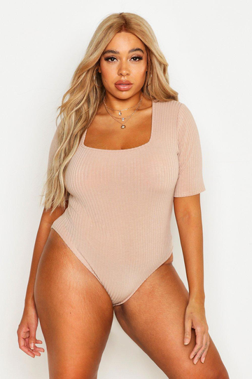 Plus - Ribbstickad Body Med Kort Ärm, Beige