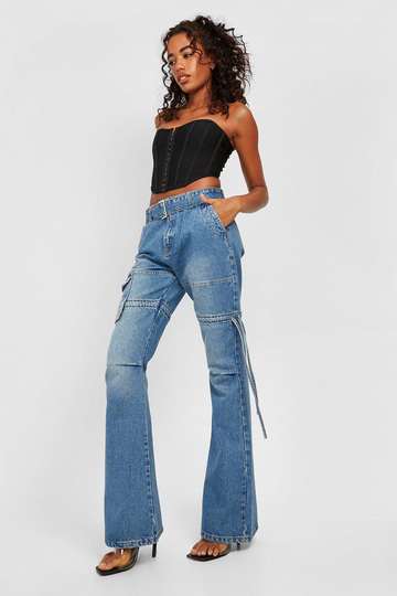 Utsvängda Cargojeans Med Bälte, Blue