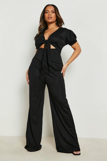 Plus - Jumpsuit Med Knytdetalj Och Vida Ben, Black