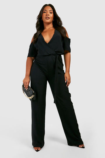 Plus Cold Shoulder-Jumpsuit Med Knytskärp, Black