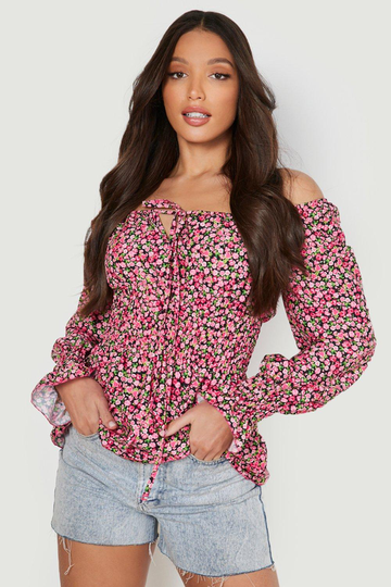 Tall - Blommig Off Shoulder-Topp, Black