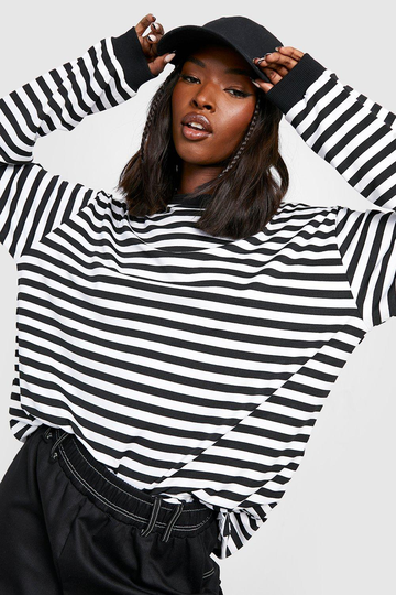 Randig Långärmad Oversized T-Shirt, White