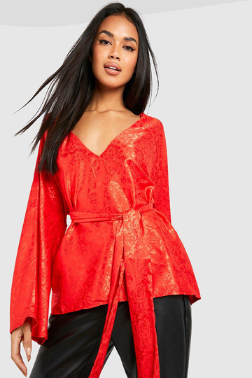 Blus Med Kimonoärm Och Knytdetalj, Red