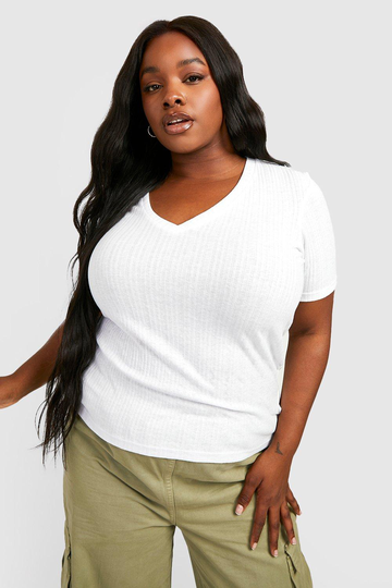 Plus - Ribbad T-Shirt, White