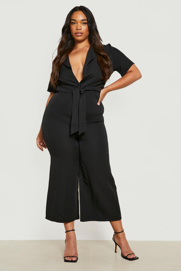 Plus - Jumpsuit Med Knut Och Vida Ben, Black