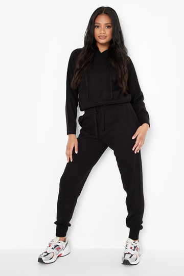 Petite - Stickad Hoodie Och Joggers, Black