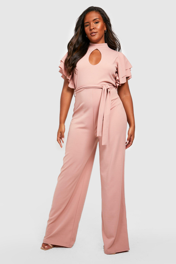 Plus - Jumpsuit Med Nyckelhålsöppning Och Vid Volangärm, Pink