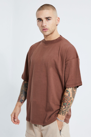 Oversize T-Shirt Med Hög Halsmudd, Brown