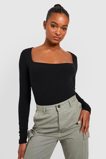 Tall - Långärmad Stickad Korsett-Topp, Black