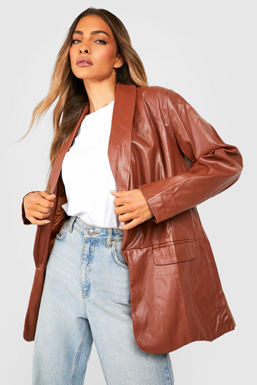 Premium Boyfriend Kavaj I Konstläder, Brown