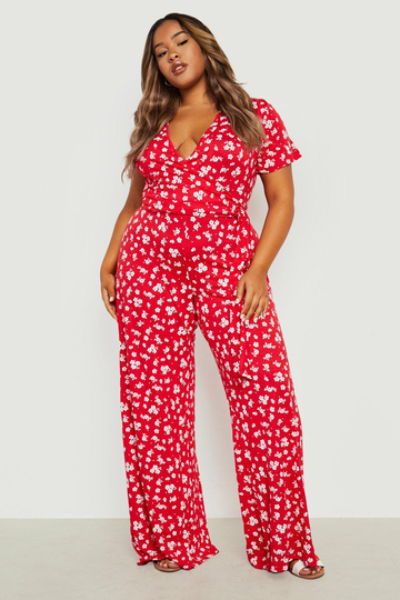 Plus - Blommig Jumpsuit Med Omlott Och Vida Ben, Red