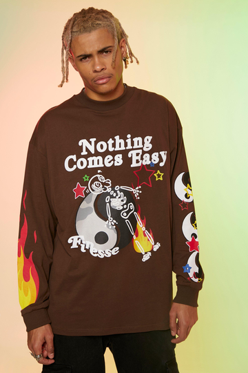 Tall Yin Yang Oversized Långärmad T-Shirt Med Tryck, Brown