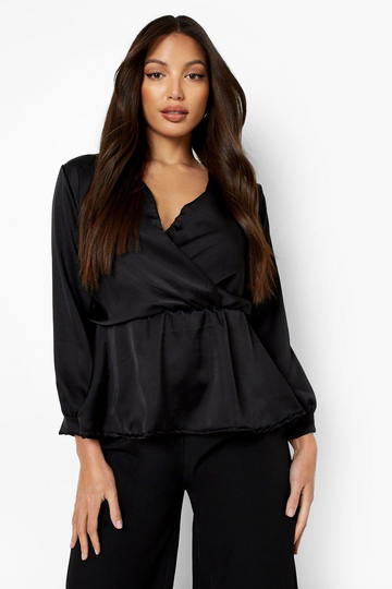 Tall - Peplumblus I Satin Med Omlott, Black