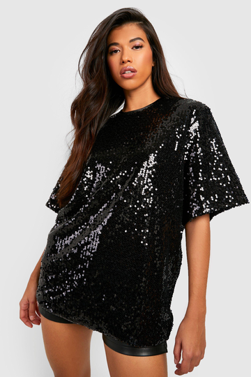 Tall Oversized T-Shirt Med Paljetter, Black
