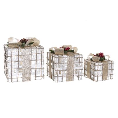 Uppsättning med Dekorativa Lådor DKD Home Decor Gyllene Vit LED Rattan (25 x 25 x 28 cm)
