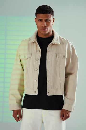 Överfärgad Jeansjacka Med Teddykrage, Beige