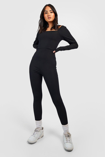 Basic Långärmad Jumpsuit Med Fyrkantig Halsringning, Black