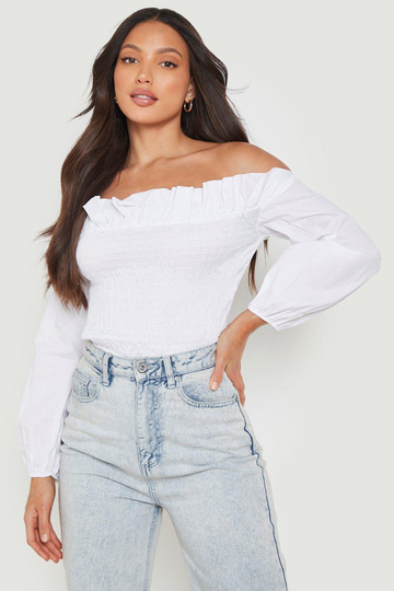 Tall - Off Shoulder-Topp Med Smock, White