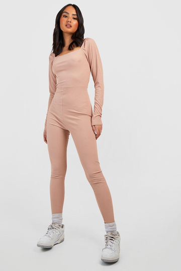 Basic Långärmad Jumpsuit Med Fyrkantig Halsringning, Beige