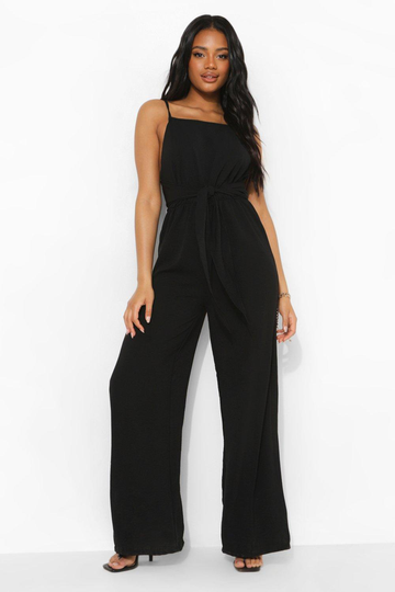 Petite - Romper I Linneimitation Med Knytdetalj, Black