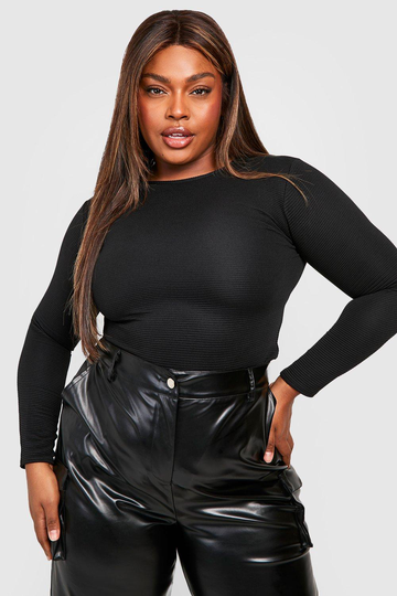 Plus - Ribbad Body Med Rund Hals, Black