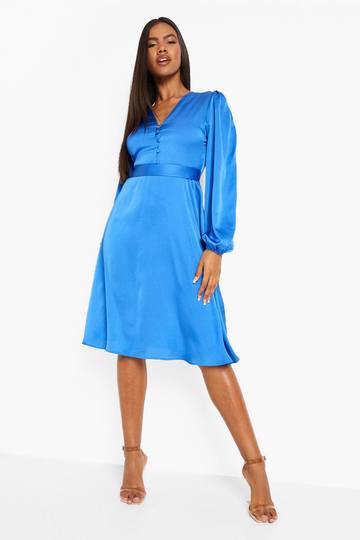 Midiklänning I Satin Med Puffärm Och Knappar, Blue