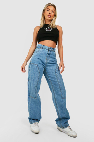 Dad Jeans I Utilitystil Med Hög Midja