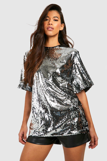 Tall Oversized T-Shirt Med Paljetter, Grey