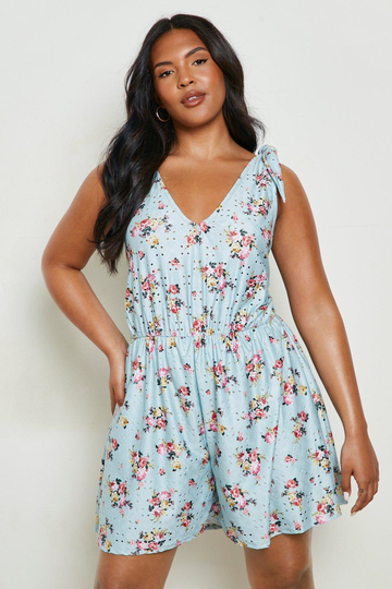 Plus - Blommig Romper Med Knytdetaljer, Green