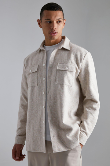 Tall - Fiskbensmönstrad Skjortjacka, Beige