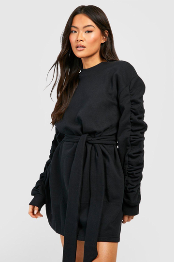Sweatshirtklänning Med Volanger Och Bälte, Black